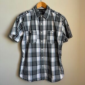 Vintage 55 Mens Short Sleeve Plaid Button Up Shirt Gray Blue Medium Y2K Skater